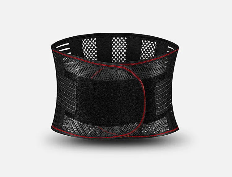 Black breathable sports waist support with steel plate for lumbar decompression, shown with size tags.