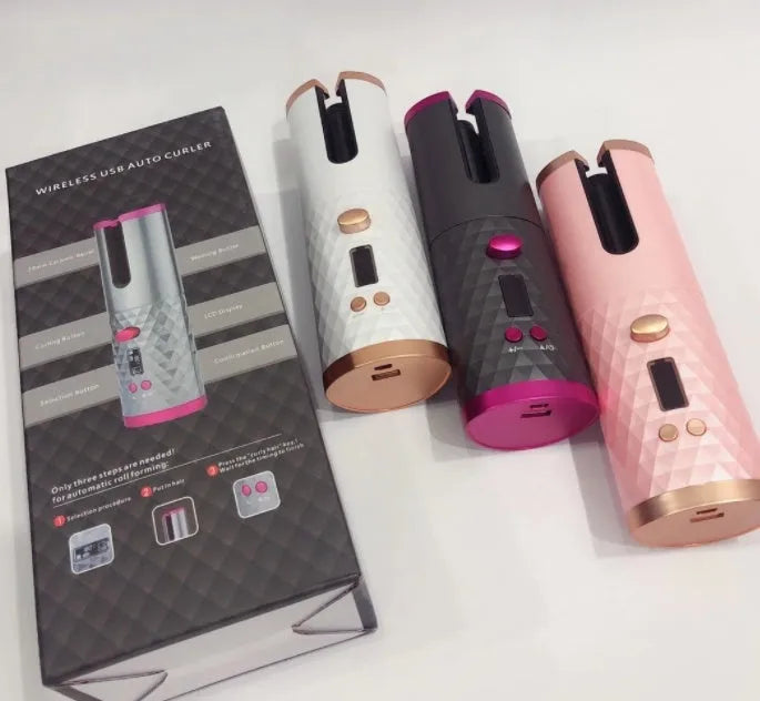 Portable USB charging mini curling iron with gold ceramic barrel in white, pink, or grey colours