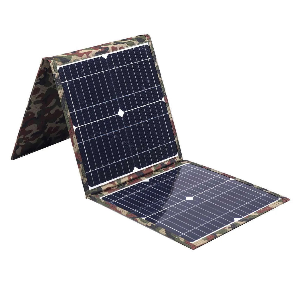 Black foldable 36W solar panel with car charger and accessories for outdoor power