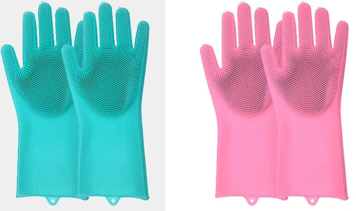 A pair of blue silicone cleaning gloves with a textured sponge-like surface for scrubbing.
