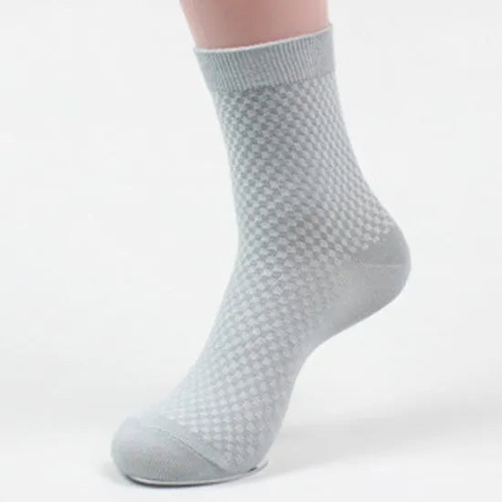 Men's bamboo fibre business socks with small square pattern in black, grey blue, iron grey, navy blue, and silver grey.