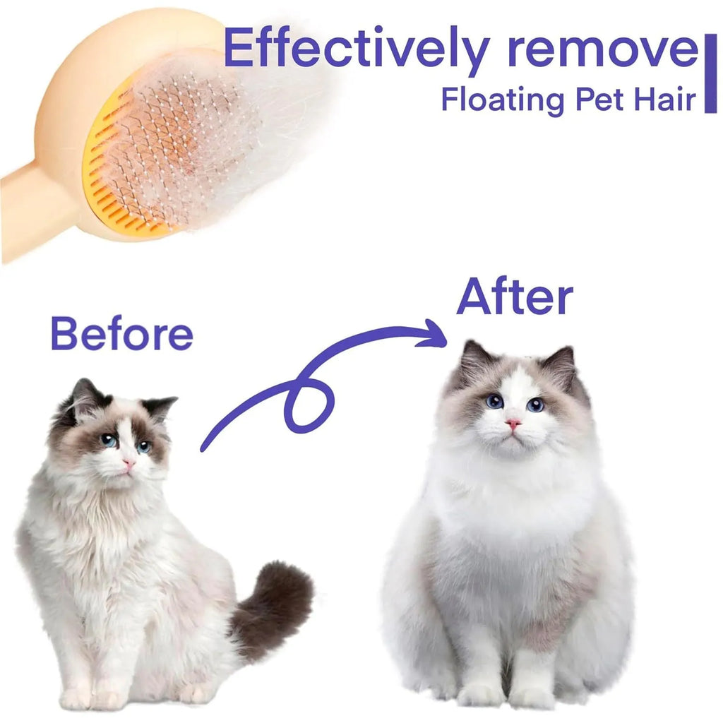Blue self-cleaning pet grooming brush with angled metal needles and massage particles