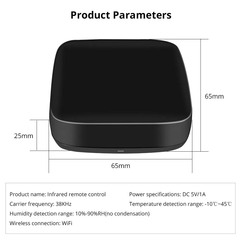 Black universal infrared remote control with voice command functionality and WiFi connectivity