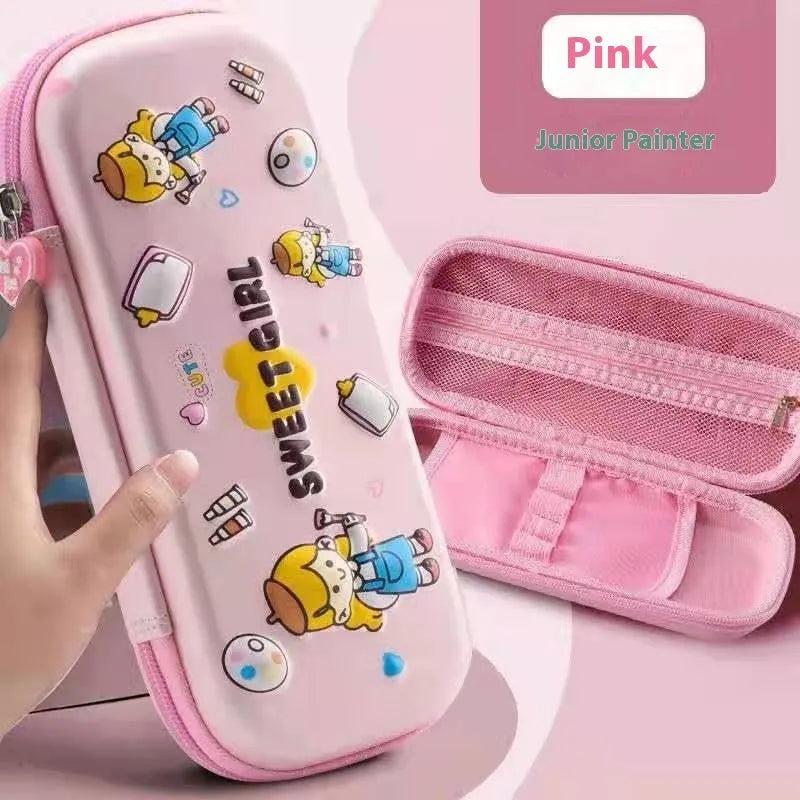 3D leather pencil case with zipper closure showing character design options including astronauts, unicorns, and mermaids
