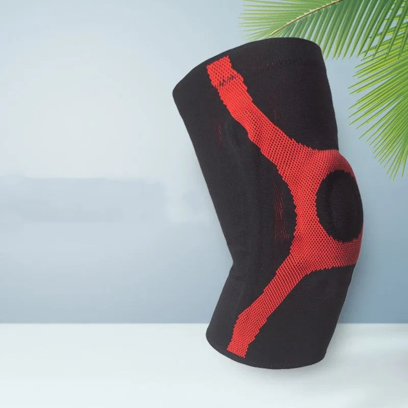 Silicone knitted sports knee pads in red and grey colours with non-slip design for running and climbing