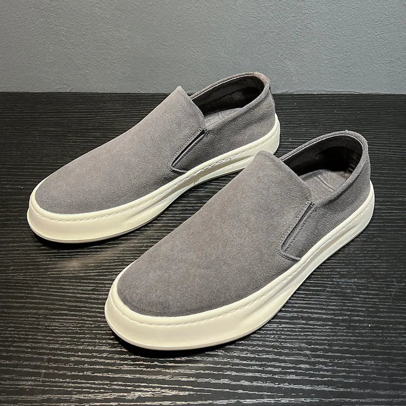 Grey and apricot men's casual round toe shoes with a mid heel and sleeve-on design