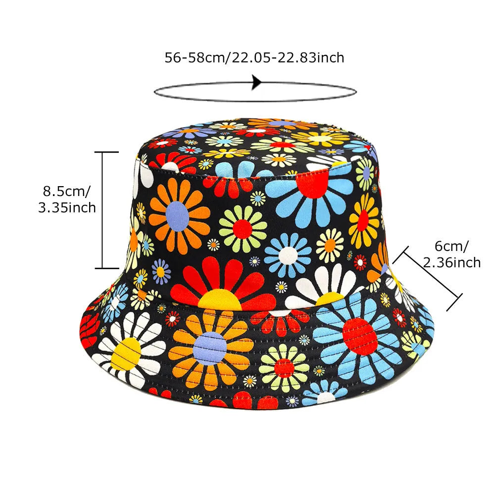 Colourful flowers pattern polyester bucket hat with dome crown in retro style