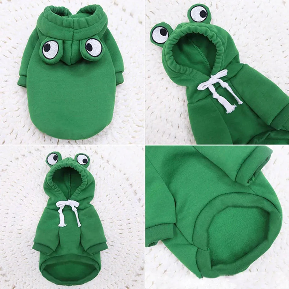 Green frog costume hoodie for small cat or dog with soft sweatshirt material