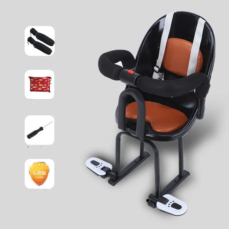 Front-mounted child safety seat for electric scooters in black, red or white with high carbon steel frame