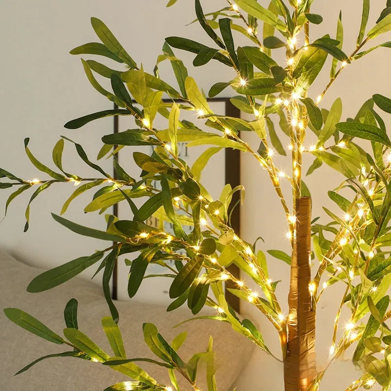 1.8 metre tall artificial olive tree lamp with warm white lights for holiday or garden decoration.