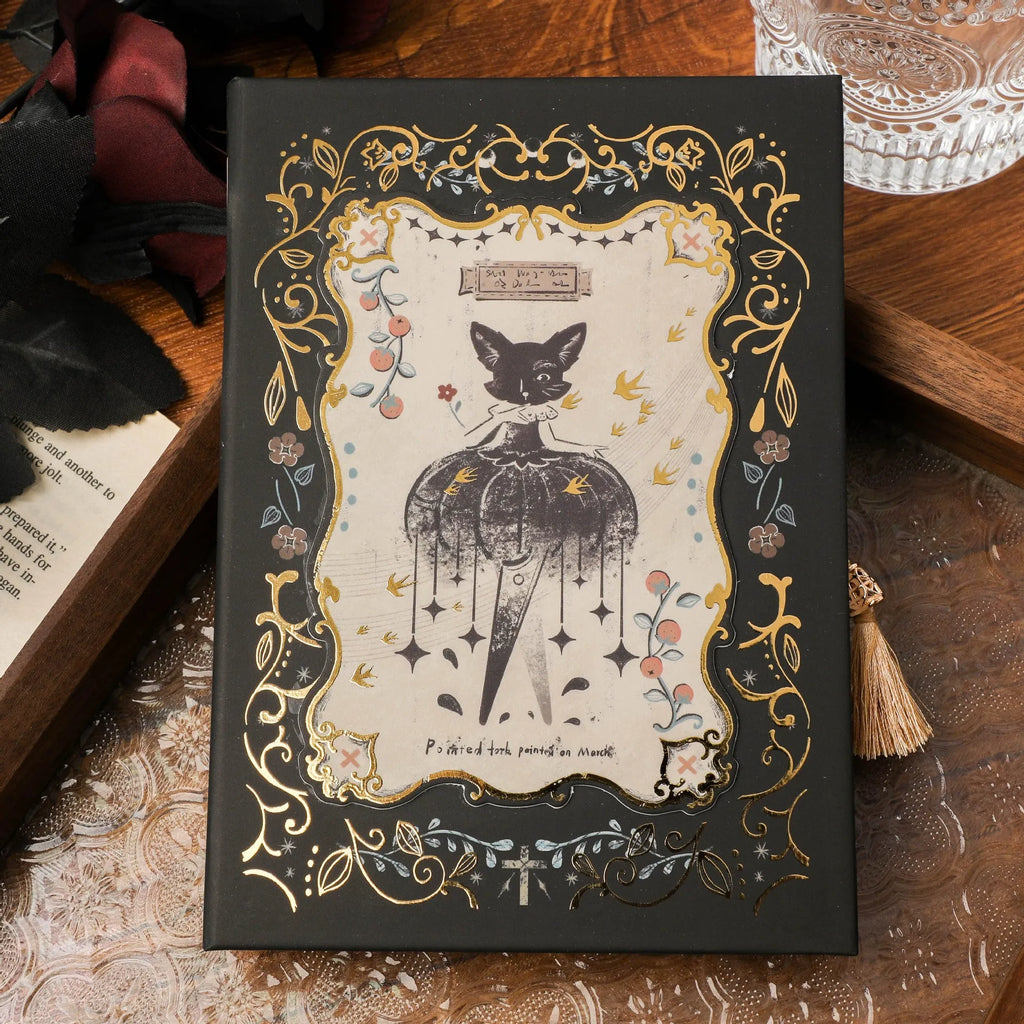 THALO Gothic style A5 retro notebook showing three cover design options including A-Little Rabbit, Forest, and Red Fruit Temptation variants.
