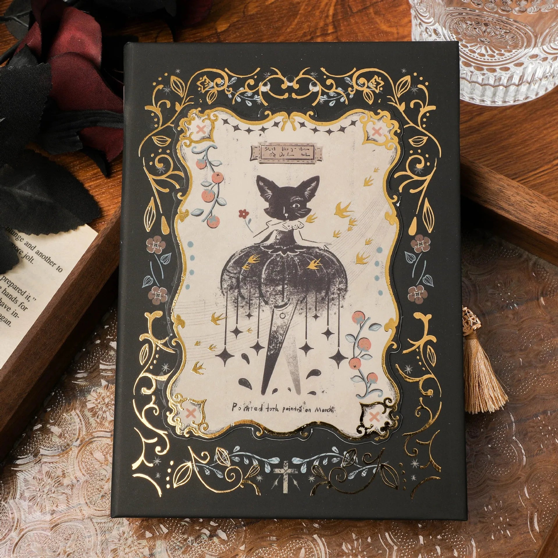 THALO Gothic style A5 retro notebook showing three cover design options including A-Little Rabbit, Forest, and Red Fruit Temptation variants.