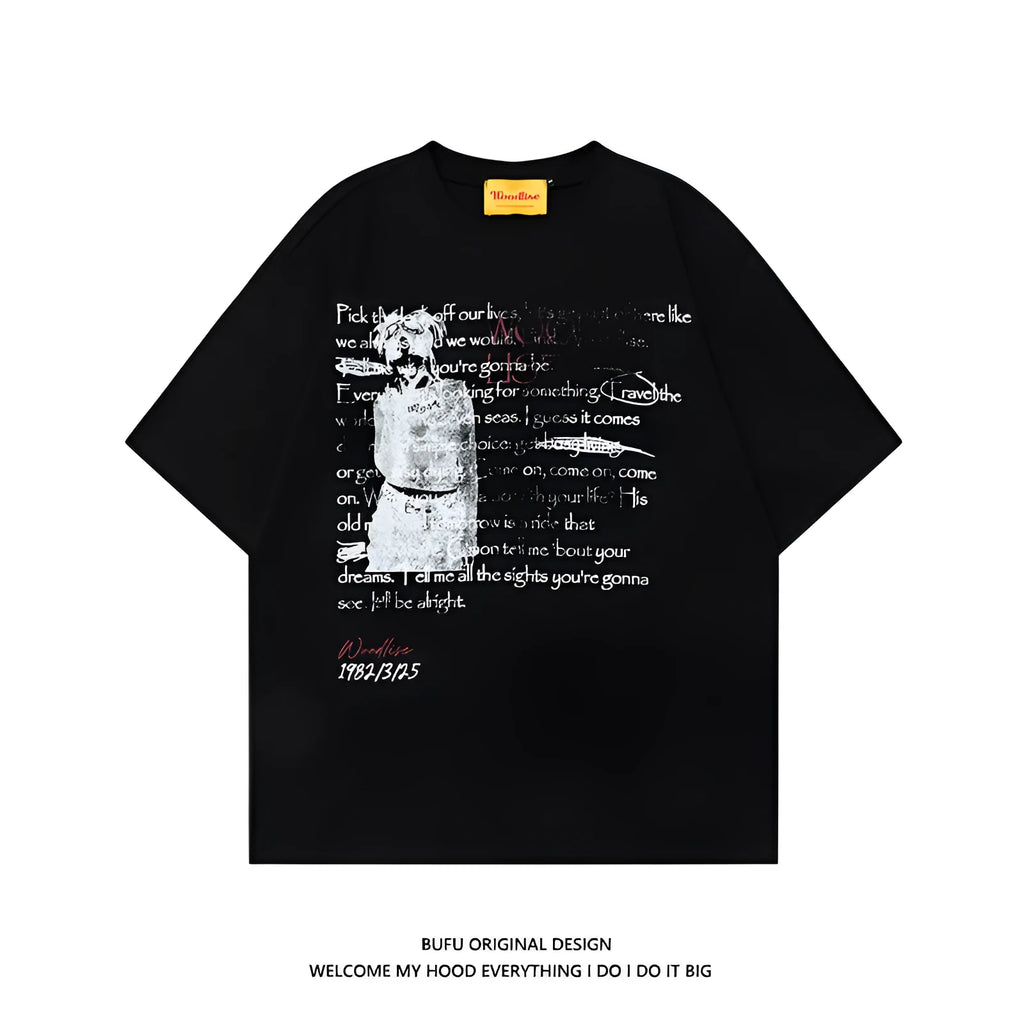 Men's black pure cotton hip hop style t-shirt with white printed letters and loose fit design