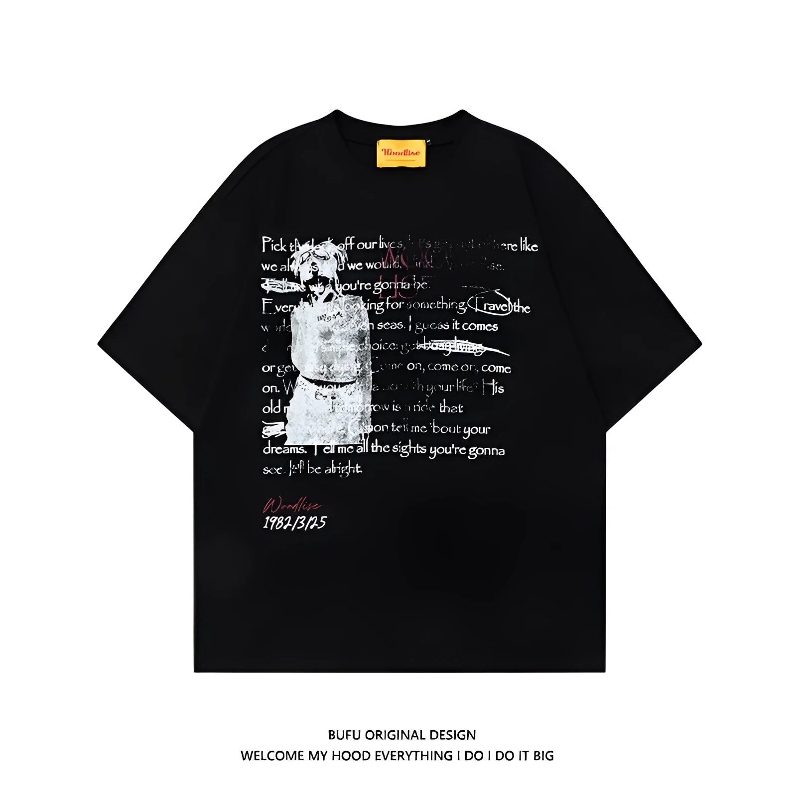 Men's black pure cotton hip hop style t-shirt with white printed letters and loose fit design