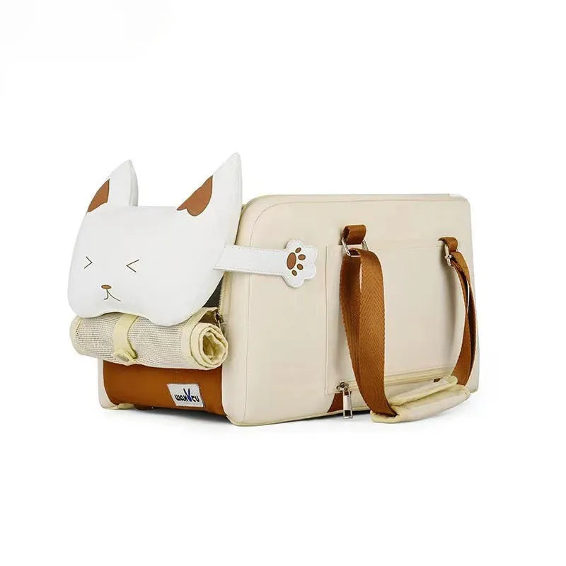 Beige hard-sided pet carrier with one shoulder strap measuring 43x25x22.5cm