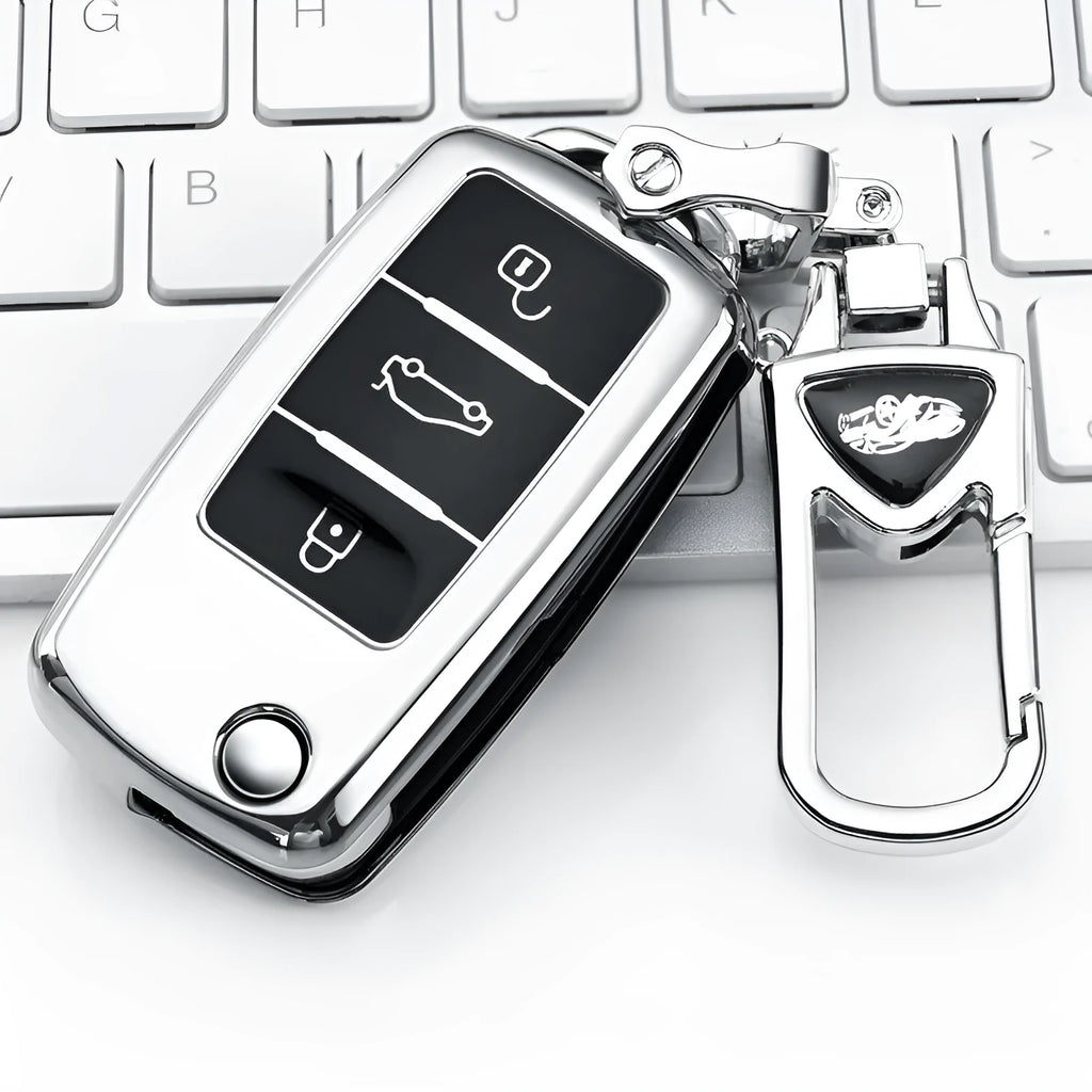 VW Model A car key bag with buckle attachment holding three folding keys in TPU material
