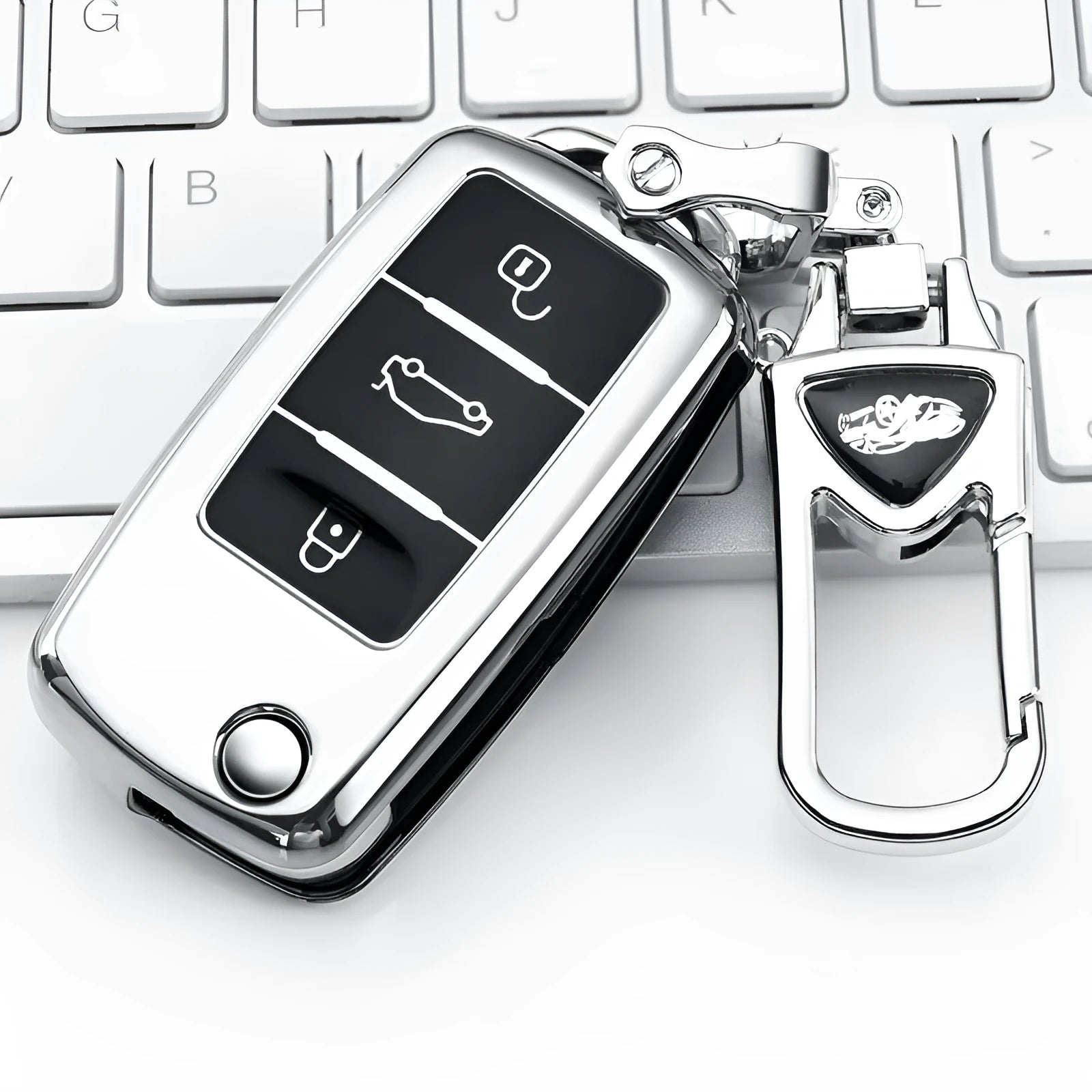 VW Model A car key bag with buckle attachment holding three folding keys in TPU material
