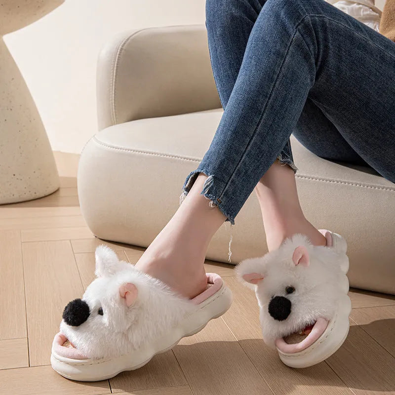 Women's indoor slippers in pink with thick EVA sole, linen fabric upper, and cartoon animal print