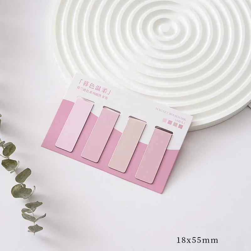 Set of four Morandi colour block magnetic bookmarks showing different muted tone designs.