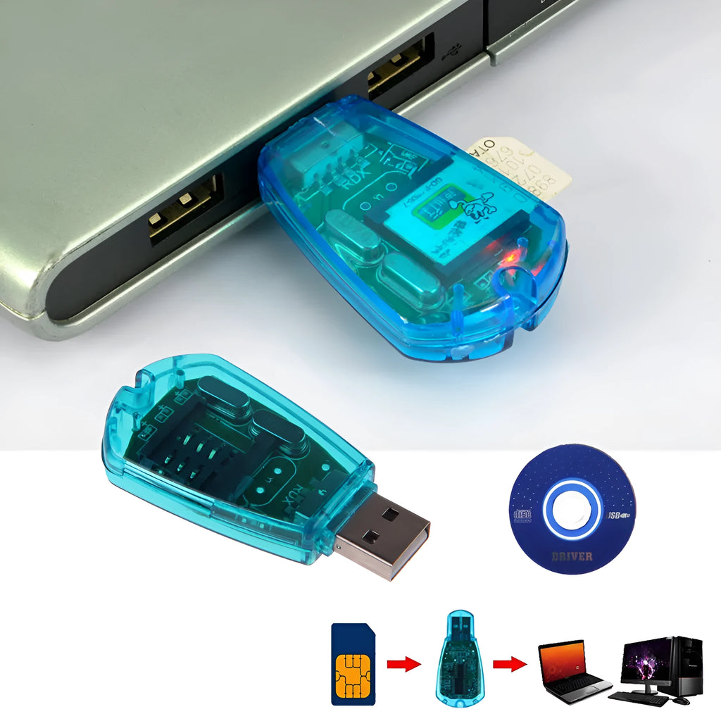 Blue USB SIM card reader for mobile phone contact and message backup