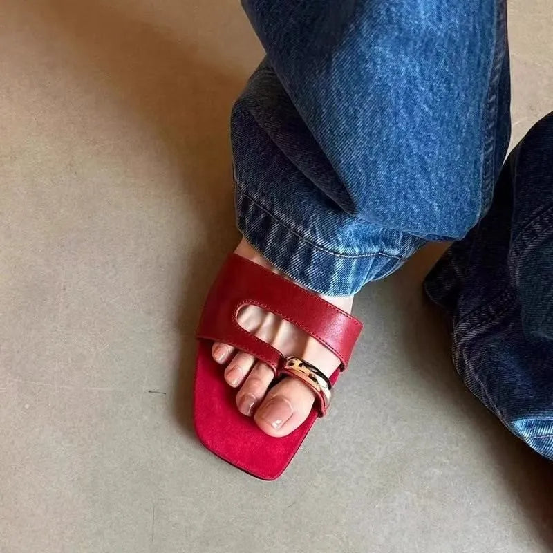 Square-toe plus size slippers in leather and rubber, shown in red, white, black, and silver colour options.