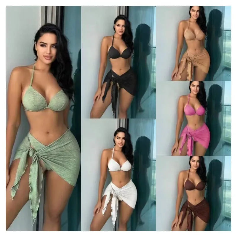 Women's avocado green Russian split three-piece swimsuit set showing halter neck top, high-waist bottoms, and skirt.