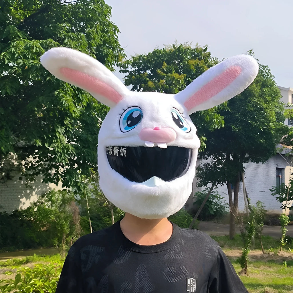 White long-eared rabbit head helmet cover for electric motorcycle with plush pp cotton material