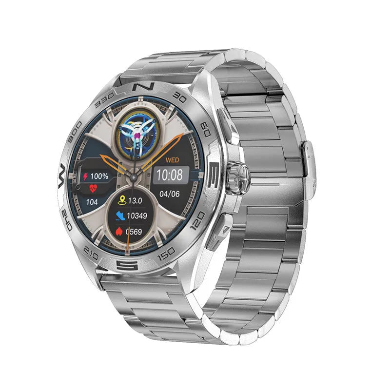 Smart watch with health monitoring sensors showing blood pressure, heart rate and oxygen readings on display