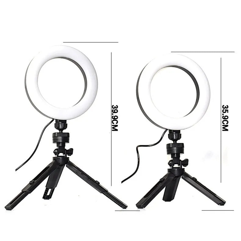 Black mobile live streaming bracket with adjustable colour fill light mounted on desktop tripod