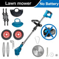 Folding lithium electric lawn mower with three blades, telescopic handle, and 110mm circular blade on wheels