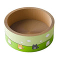 A round corrugated paper cat scratch board with a deep pit pattern, shown in a cute style.