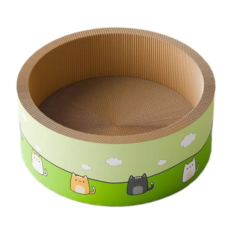 A round corrugated paper cat scratch board with a deep pit pattern, shown in a cute style.