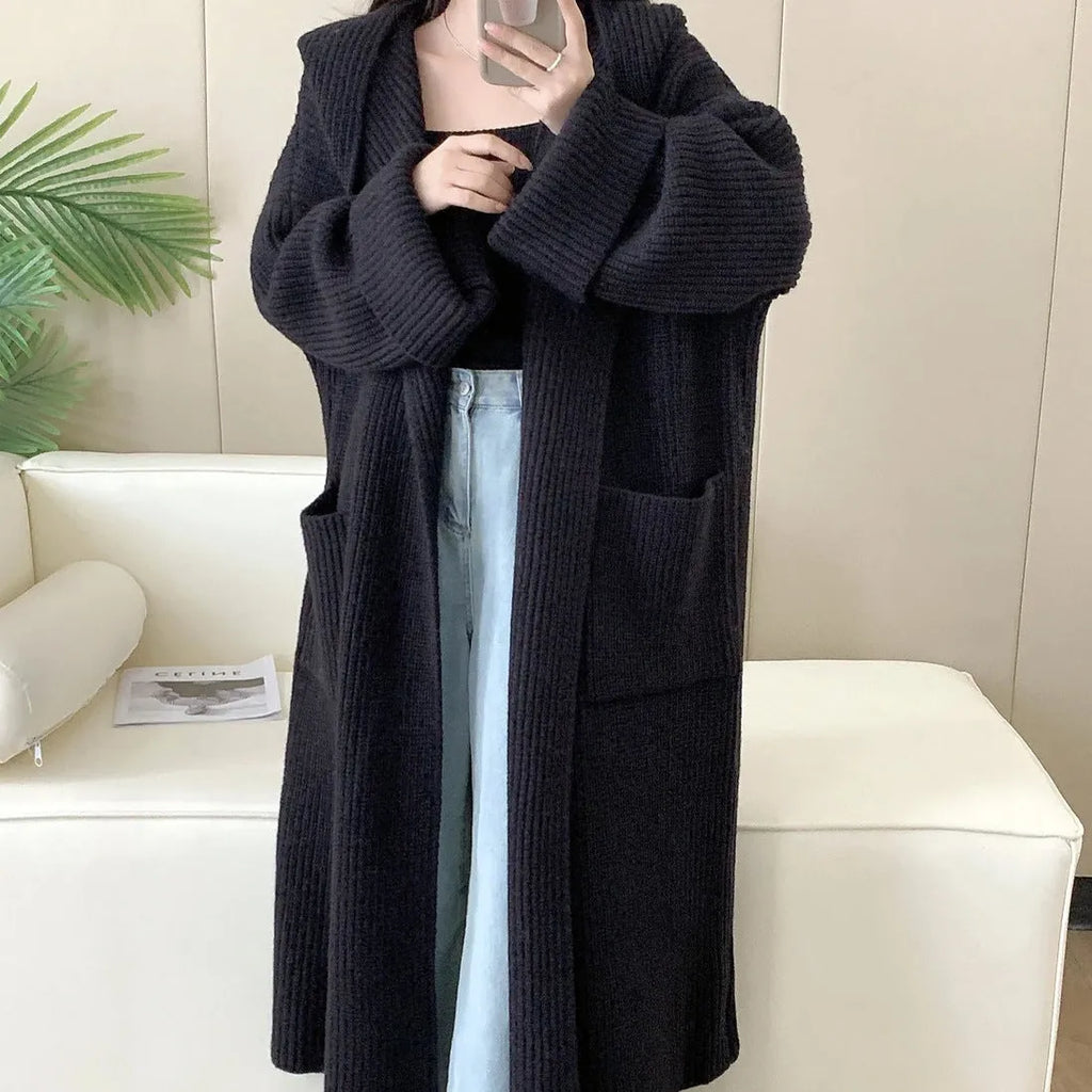 Women's loose hooded cardigan coat in acrylic knit fabric with 80cm length
