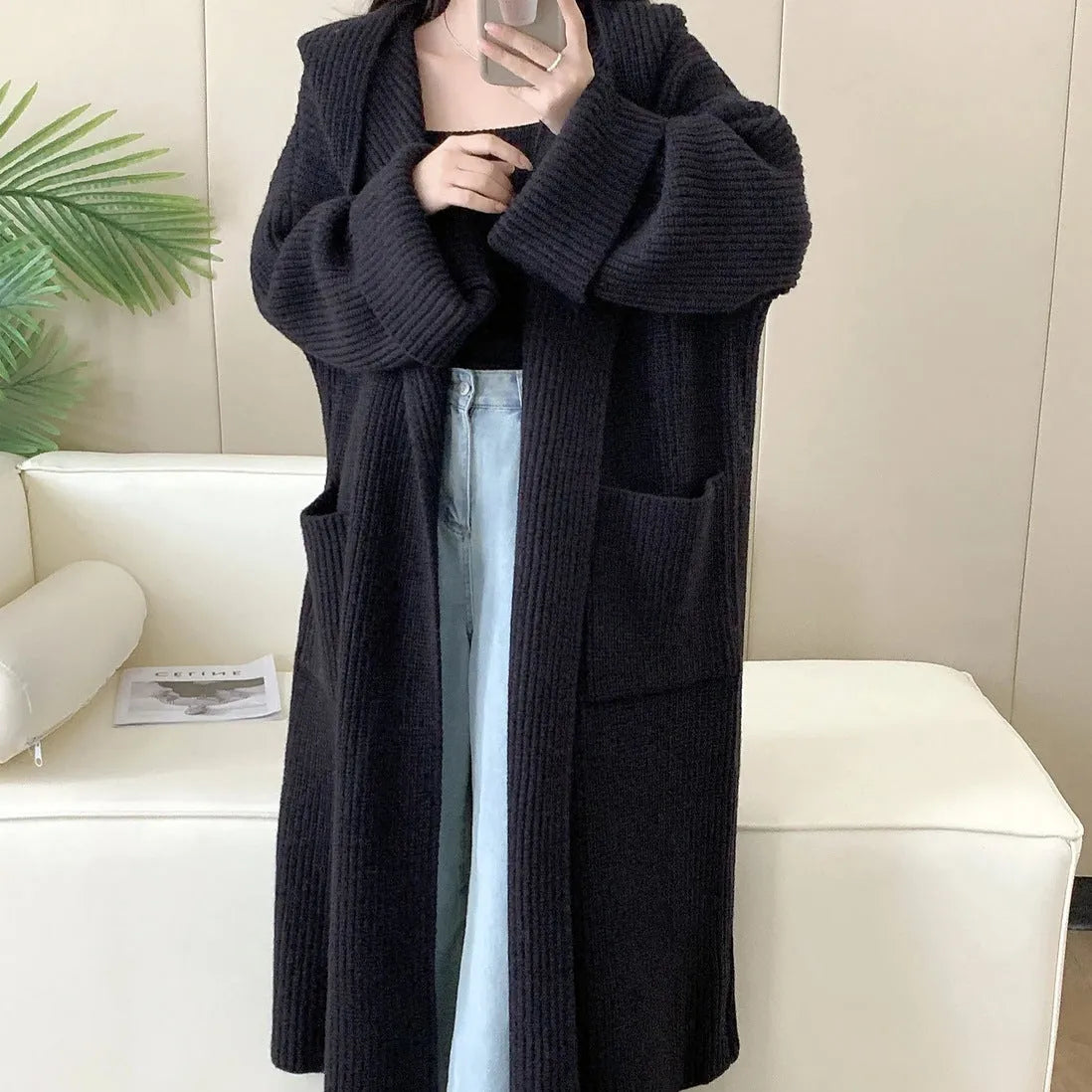 Women's loose hooded cardigan coat in acrylic knit fabric with 80cm length