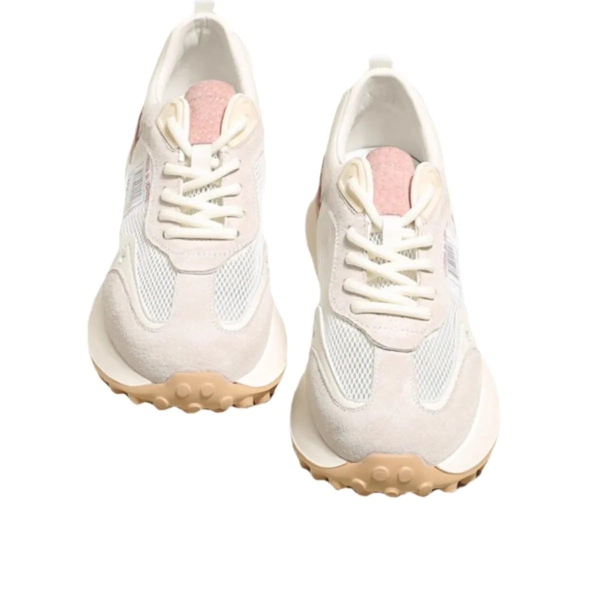 Women's grey and pink low-top retro sneakers with mesh lining and rubber sole