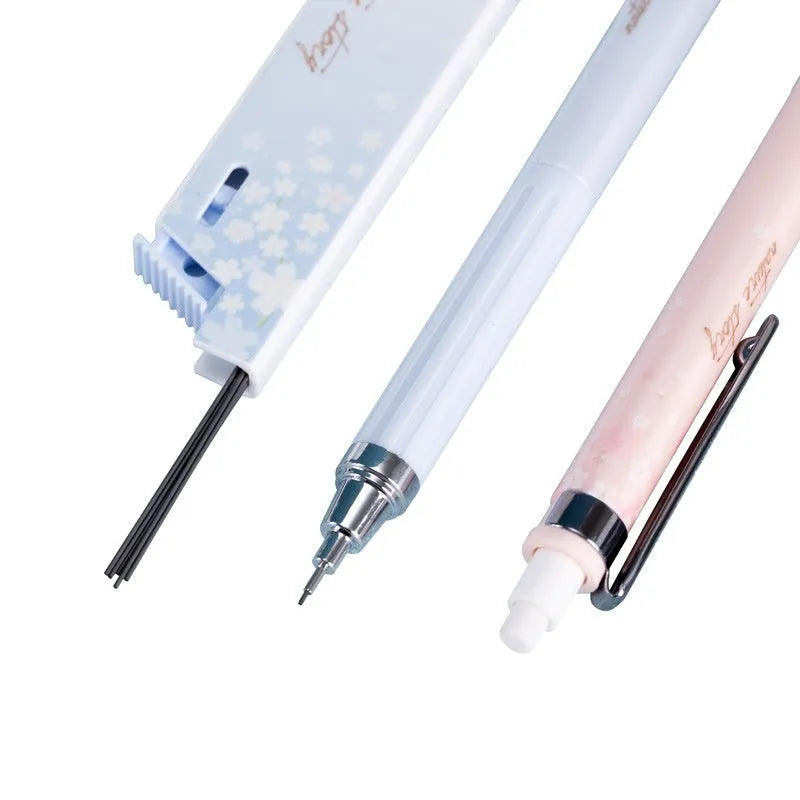 Cartoon automatic pencil set with three 0.5mm pens and HB refill boxes