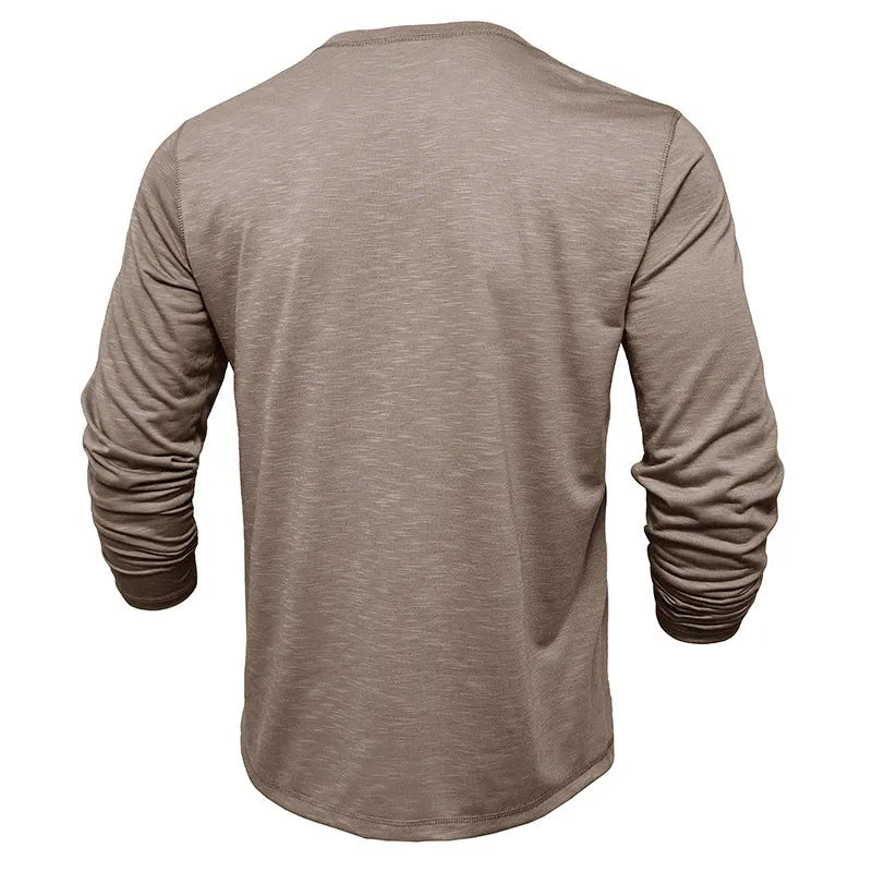 Men's long-sleeved henry collar T-shirt in slub cotton, regular fit, available in multiple colours, shown in army green