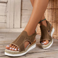 Women's hollow wedges sandals with breathable woven mesh upper and patent leather, peep-toe design, available in beige, black, khaki sizes 36-43