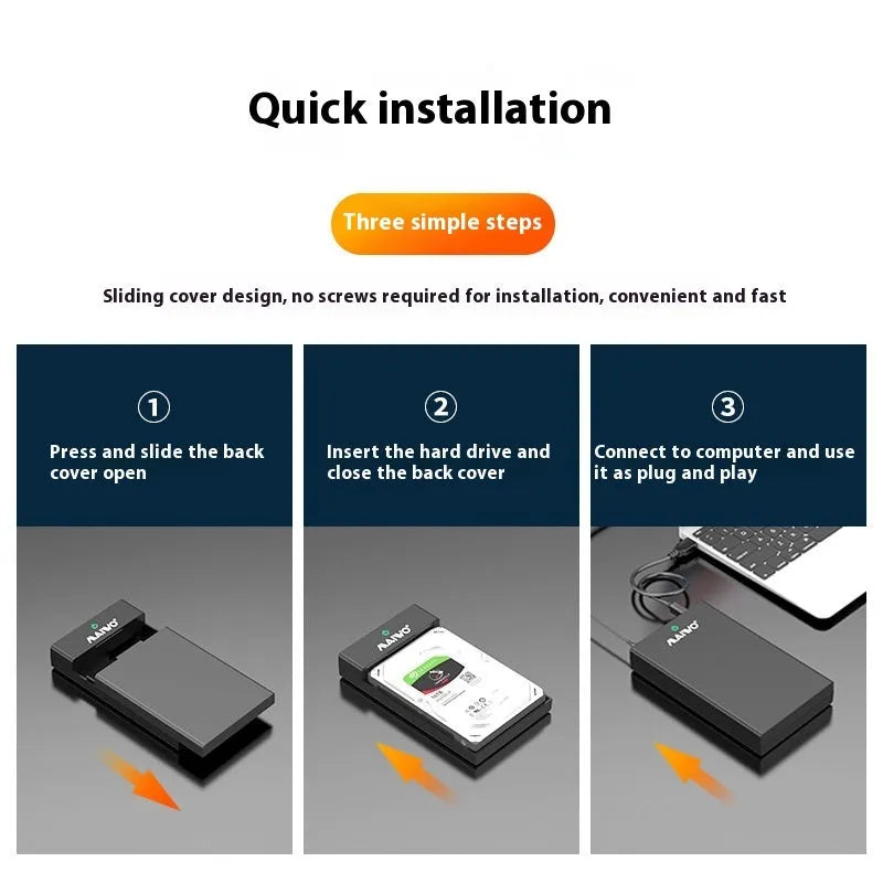 3.5 inch USB SATA hard drive enclosure with sliding cover and power supply in black and silver colour