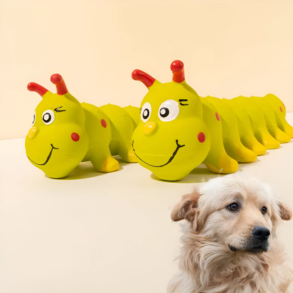 Yellow rubber caterpillar-shaped dog squeaky toy with measurements
