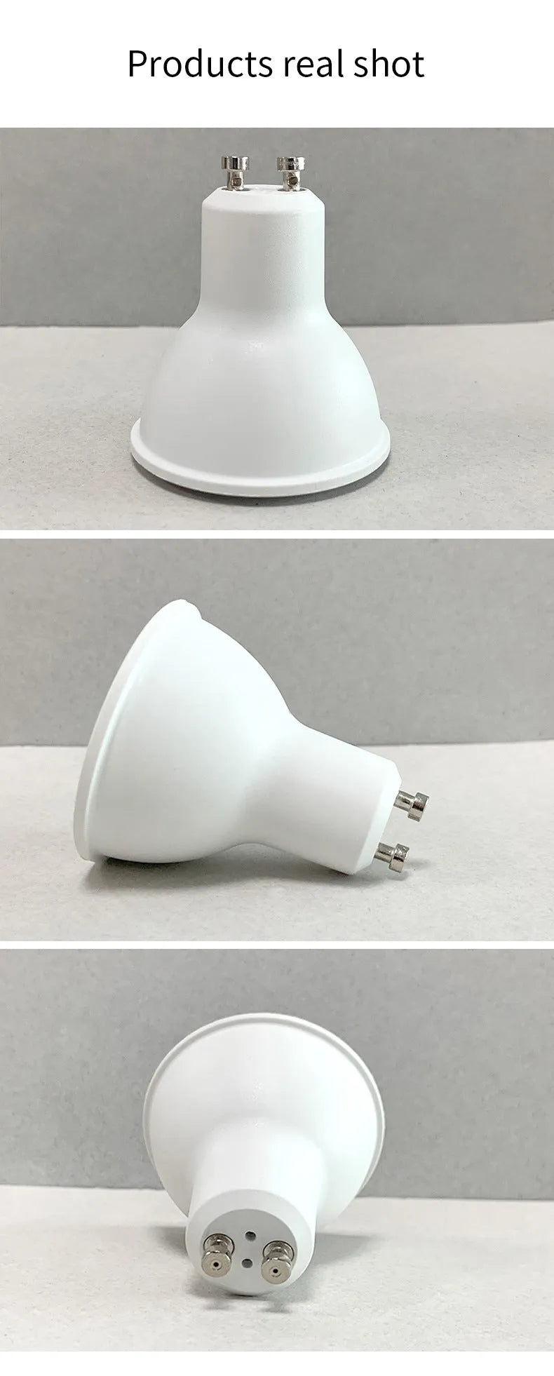 GU10 smart spotlight bulb with Wi-Fi and voice control, showing RGBCCT lighting capabilities
