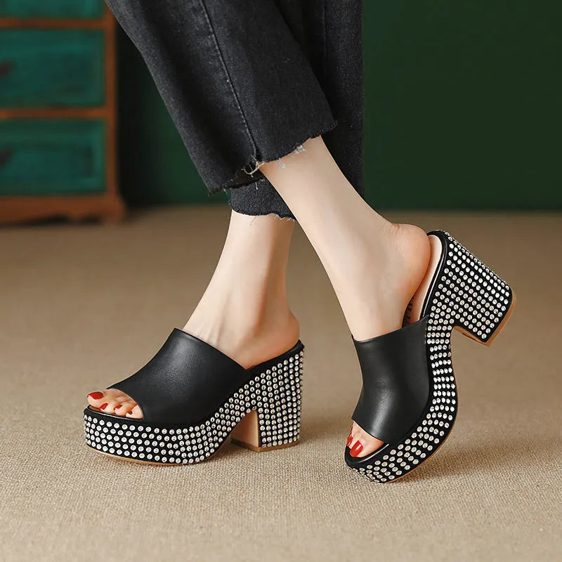 Black women's platform sandals with chunky heel, round toe, and Czech diamond leather upper