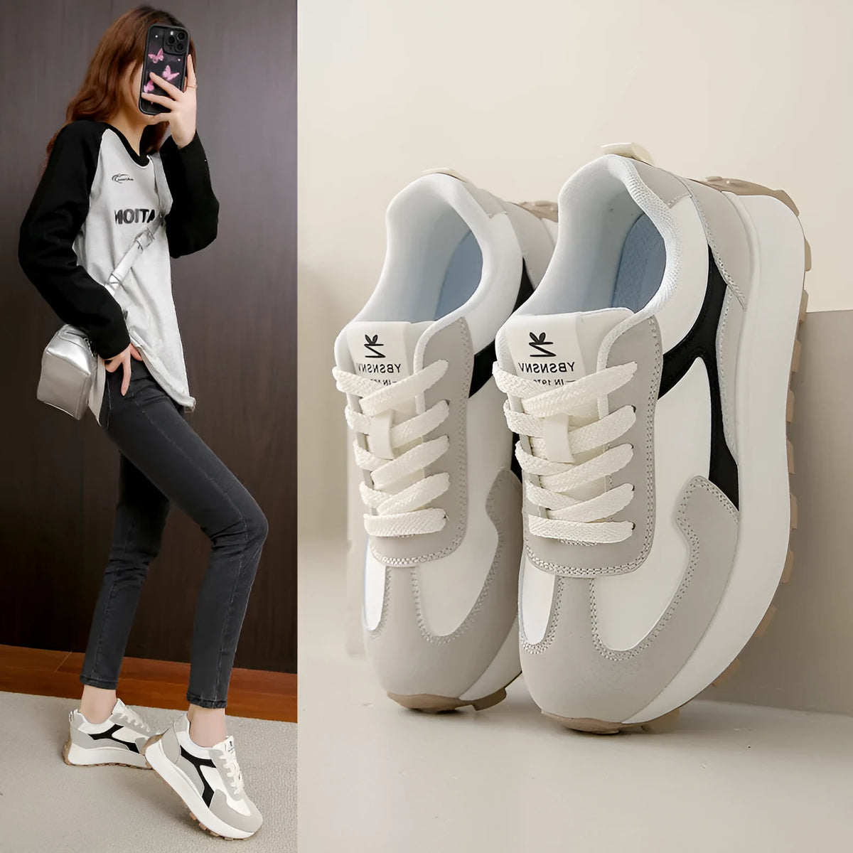 Women's low-top platform sneakers in card black with lace-up front and rubber sole