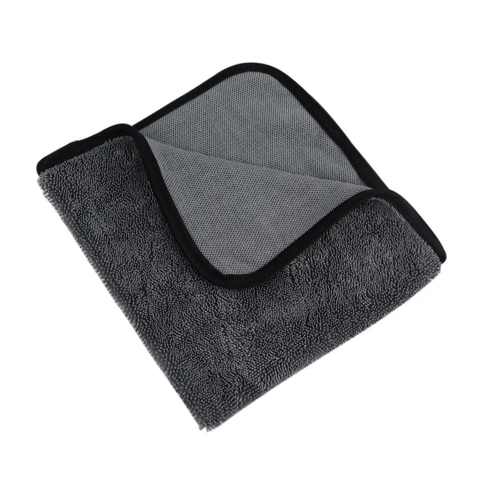 Grey 40cm by 40cm microfiber car drying towel laid flat.