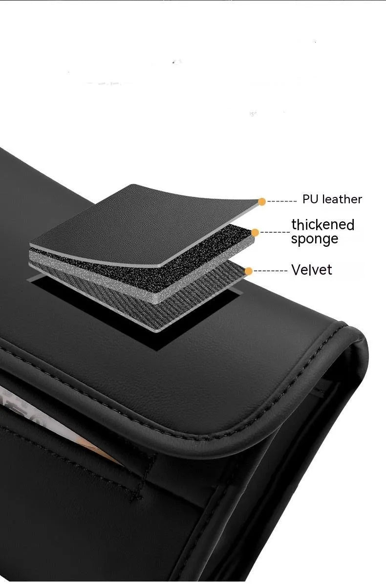 Leather car tissue box holder with elastic strap mounted on vehicle sun visor