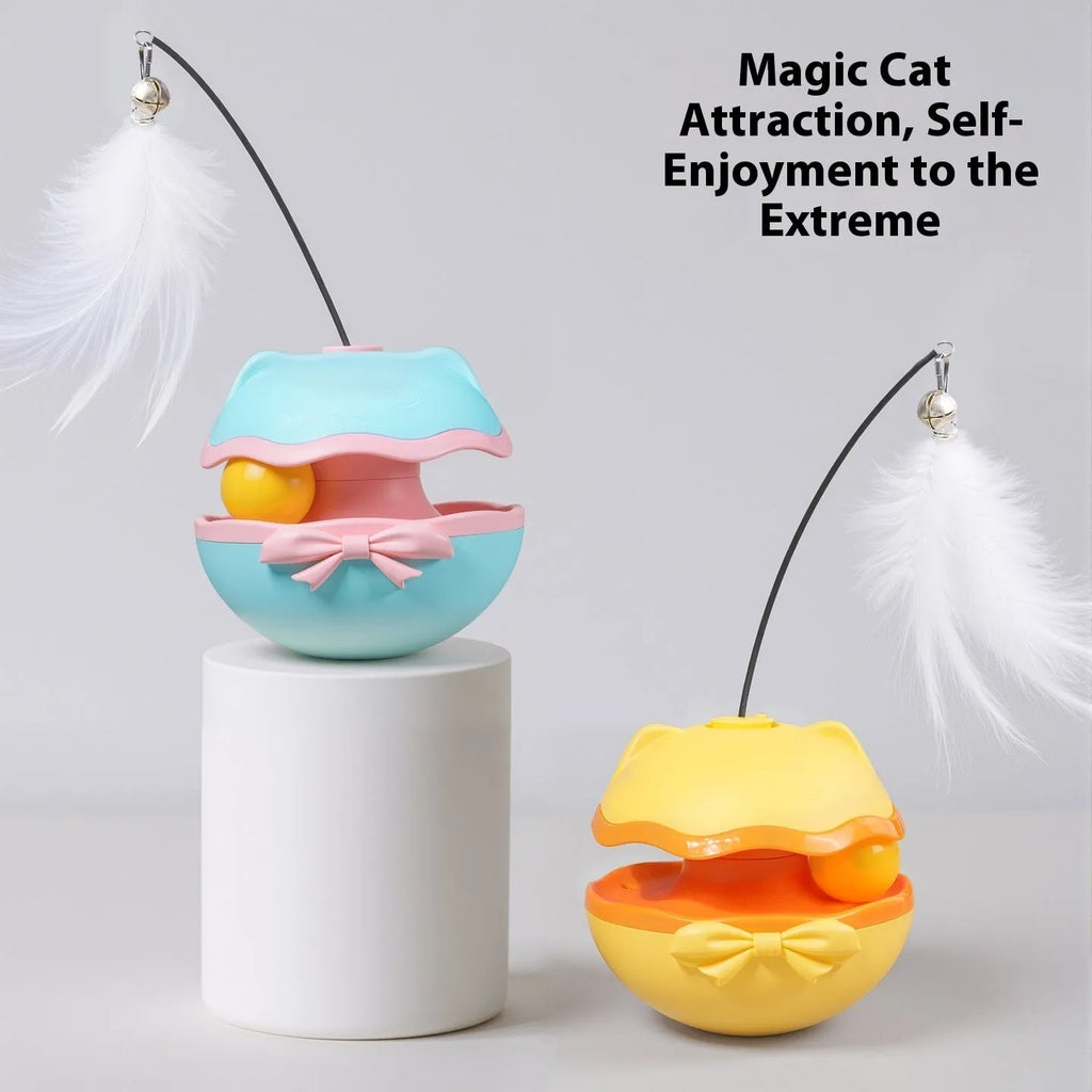 Electric cat toy tumbler with plastic teaser stick in multiple colour options