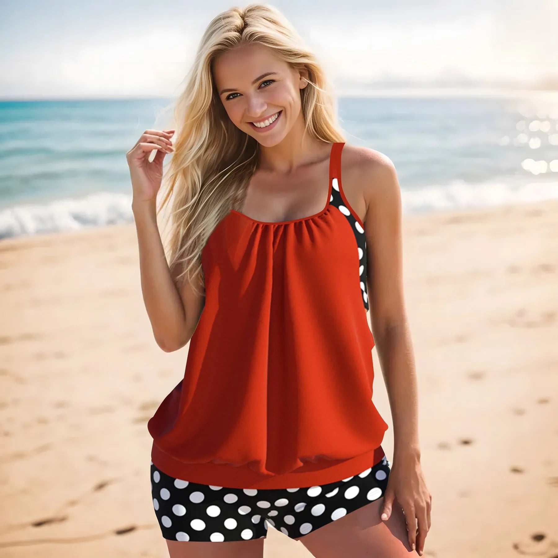 Women's high-waisted boxer brief swimsuit with polka dot print in polyester fabric