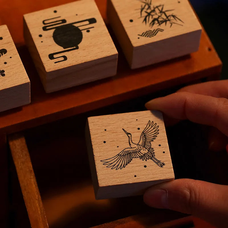 Mr. Paper wooden DIY rubber stamp seal set with crane design options for card making and scrapbooking.