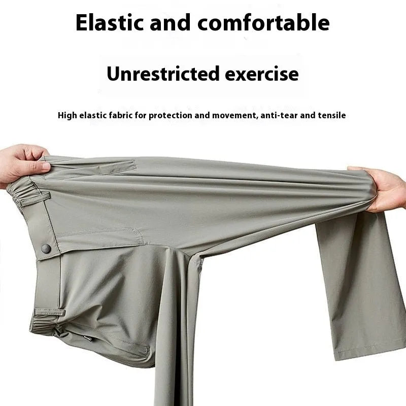 Men's black Ice Silk straight loose trousers with elastic waist for casual wear