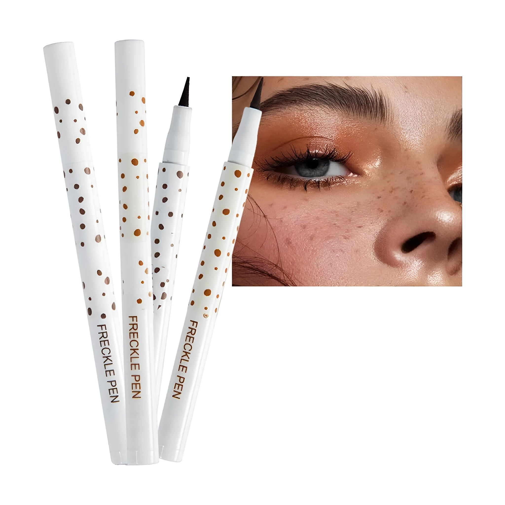 Dark brown waterproof freckle pen with precision tip for natural-looking makeup application.